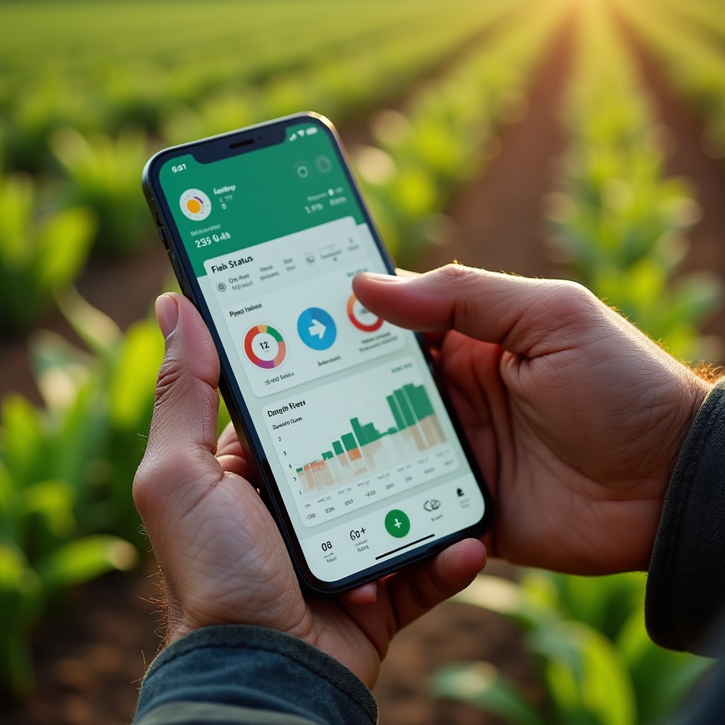 Farmer using mobile dashboard in agricultural field