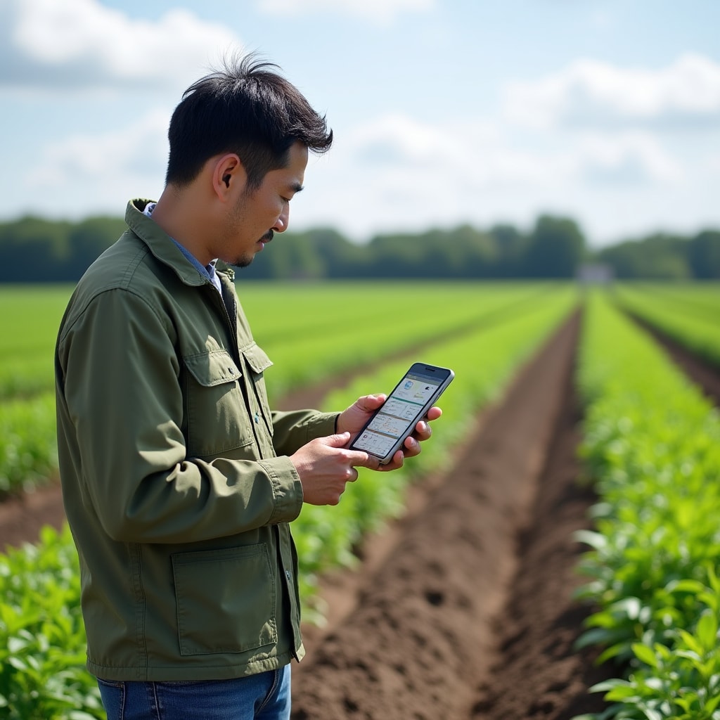 Farmer using mobile application in field