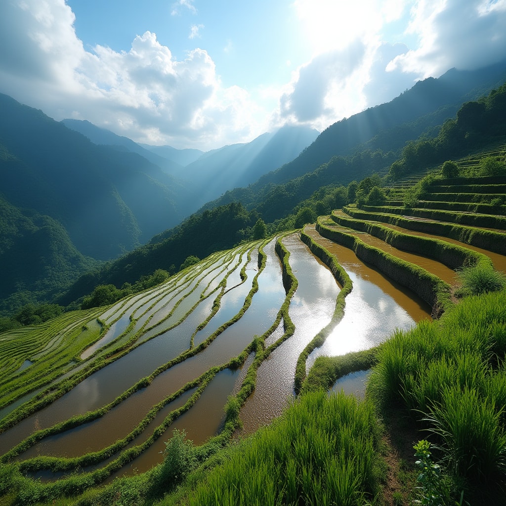 Japanese rice terraces with mountains